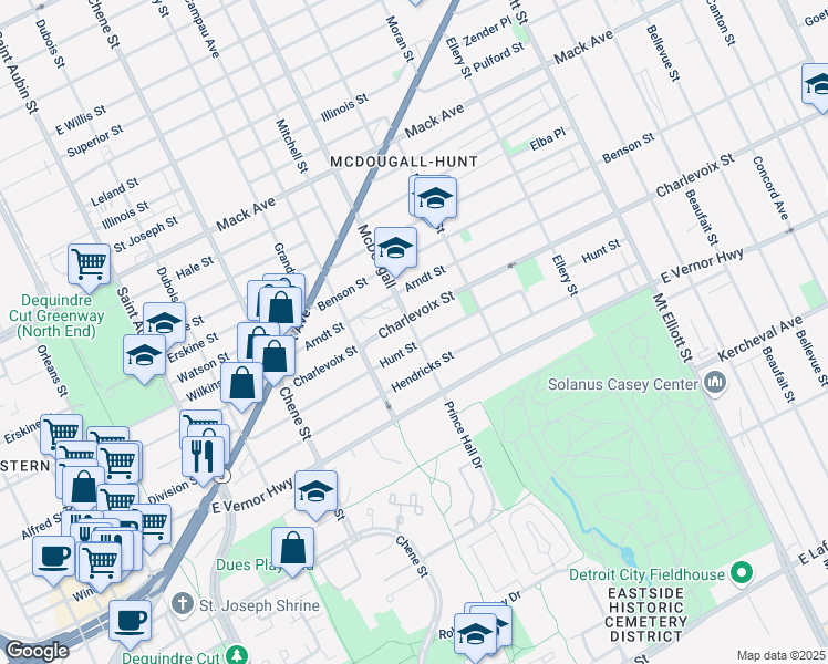 map of restaurants, bars, coffee shops, grocery stores, and more near 2724 McDougall Street in Detroit