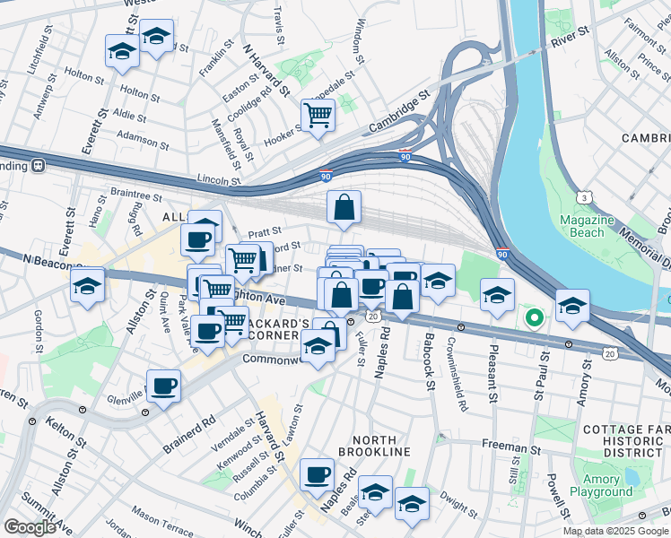 map of restaurants, bars, coffee shops, grocery stores, and more near 69 Ashford Street in Boston