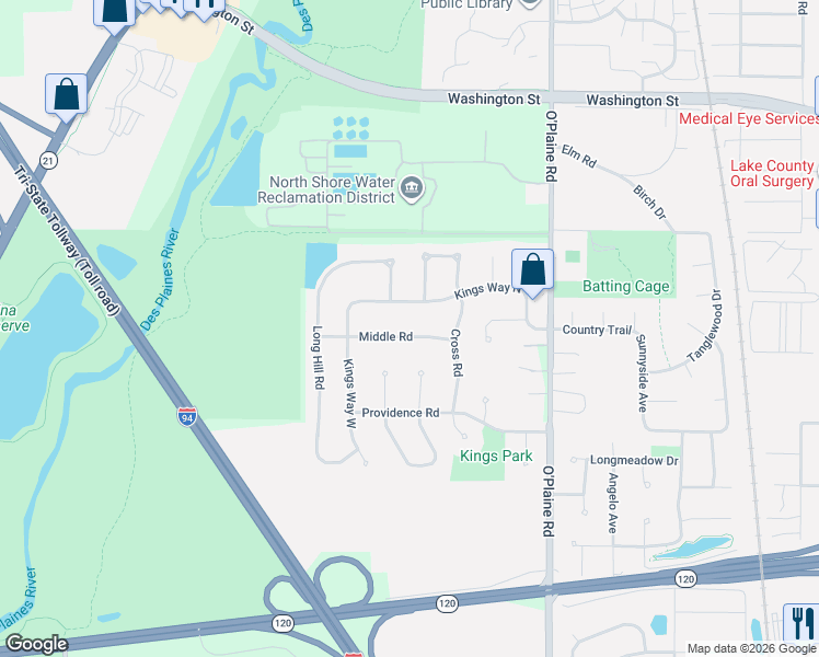 map of restaurants, bars, coffee shops, grocery stores, and more near 4701 Kings Way North in Gurnee