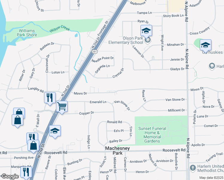 map of restaurants, bars, coffee shops, grocery stores, and more near 1128 Minns Drive in Machesney Park