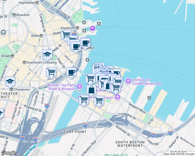 map of restaurants, bars, coffee shops, grocery stores, and more near 66 Sleeper Street in Boston