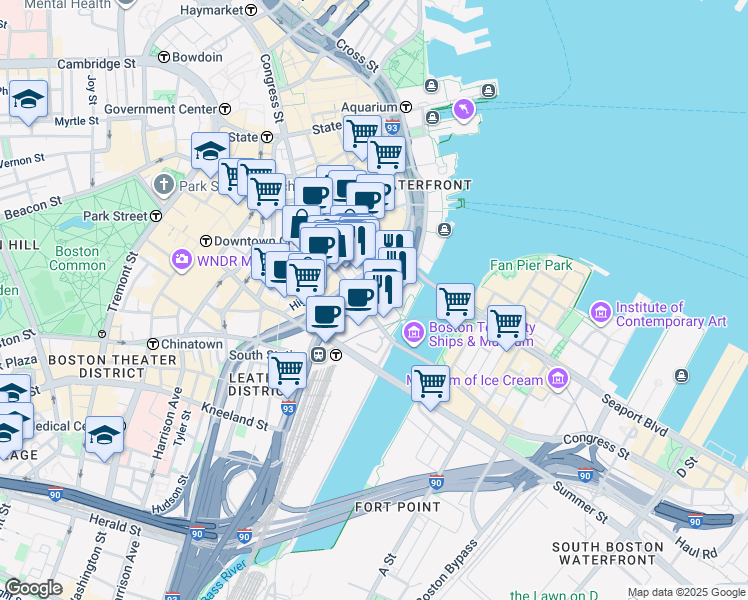 map of restaurants, bars, coffee shops, grocery stores, and more near 137-139 Pearl Street in Boston