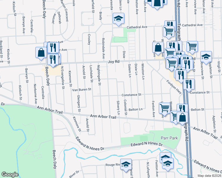 map of restaurants, bars, coffee shops, grocery stores, and more near 8463 Silvery Lane in Dearborn Heights