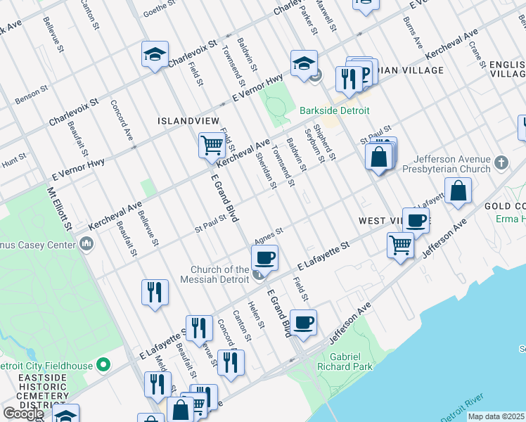 map of restaurants, bars, coffee shops, grocery stores, and more near 1504 Field Street in Detroit