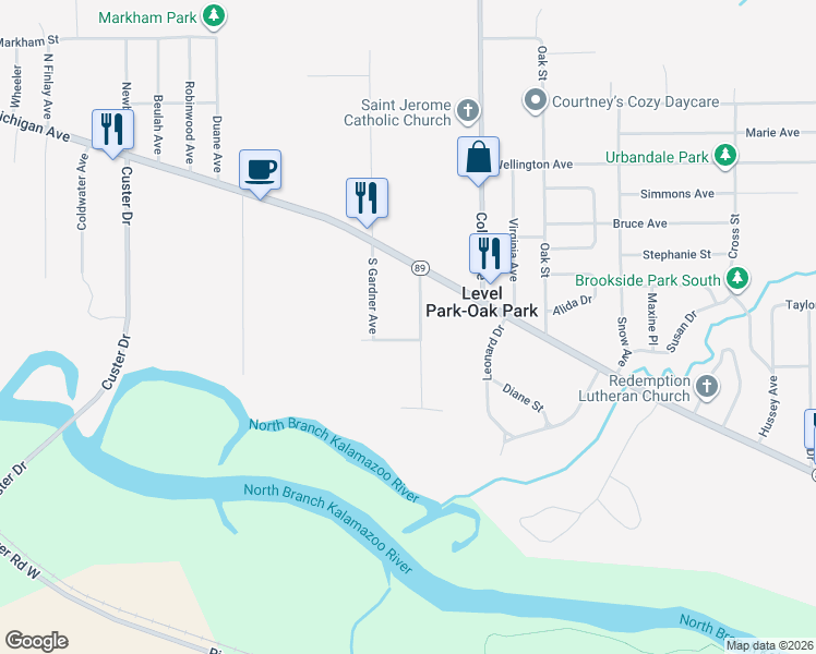map of restaurants, bars, coffee shops, grocery stores, and more near 161 South Gardner Avenue in Battle Creek