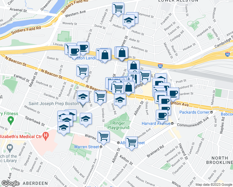 map of restaurants, bars, coffee shops, grocery stores, and more near 16 North Beacon Street in Boston