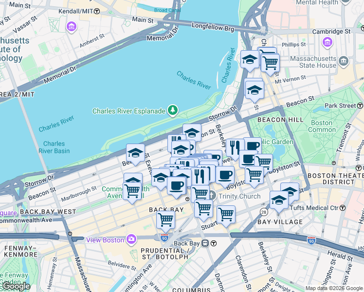 map of restaurants, bars, coffee shops, grocery stores, and more near 213 Beacon Street in Boston