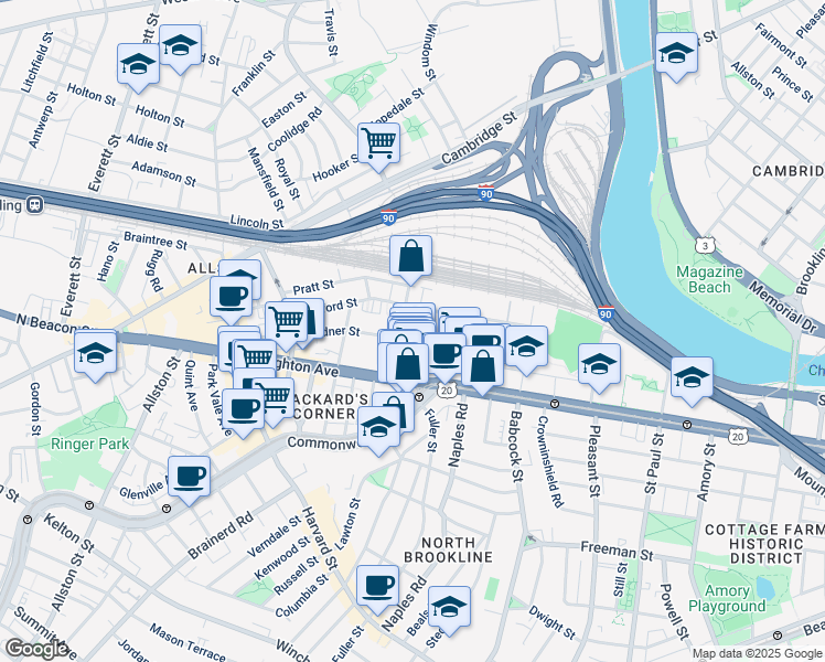 map of restaurants, bars, coffee shops, grocery stores, and more near 69 Ashford Street in Boston