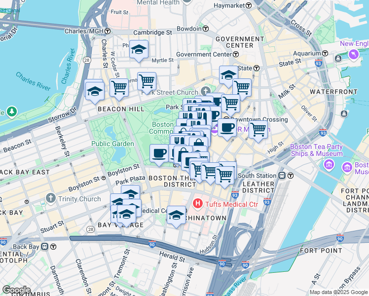 map of restaurants, bars, coffee shops, grocery stores, and more near 80 Mason Street in Boston