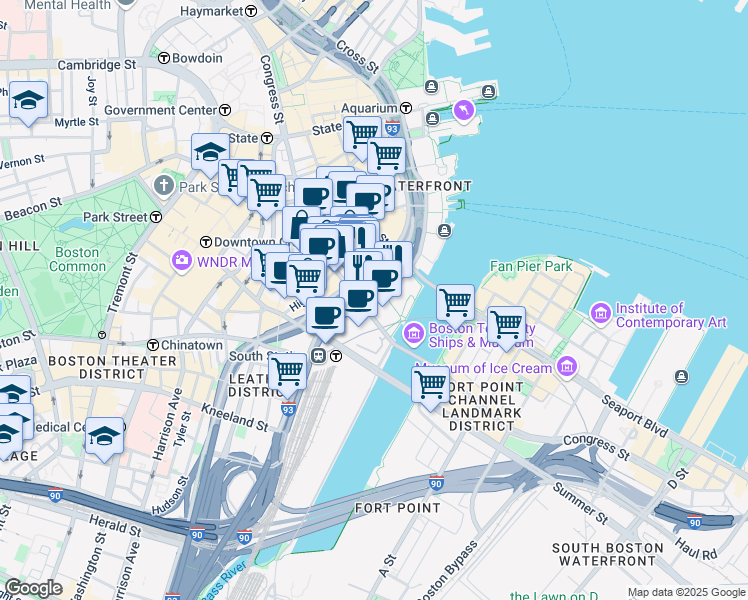 map of restaurants, bars, coffee shops, grocery stores, and more near 137-139 Pearl Street in Boston