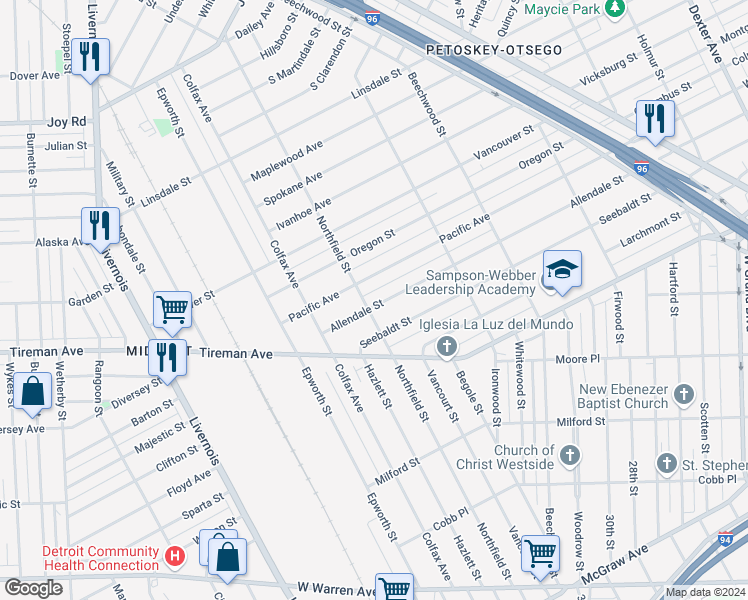 map of restaurants, bars, coffee shops, grocery stores, and more near 5396 Allendale Street in Detroit