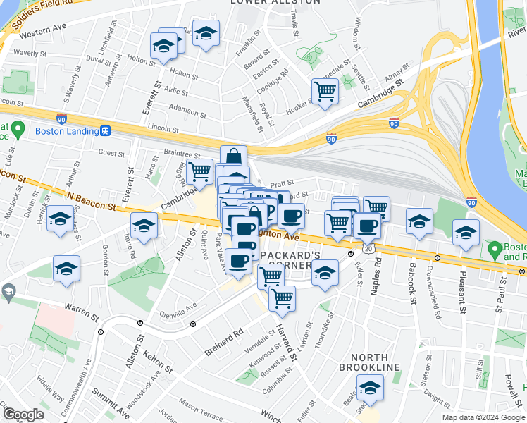 map of restaurants, bars, coffee shops, grocery stores, and more near 55 Linden Street in Boston