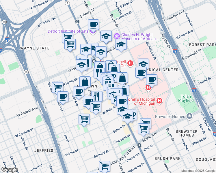 map of restaurants, bars, coffee shops, grocery stores, and more near 4501 Woodward Avenue in Detroit