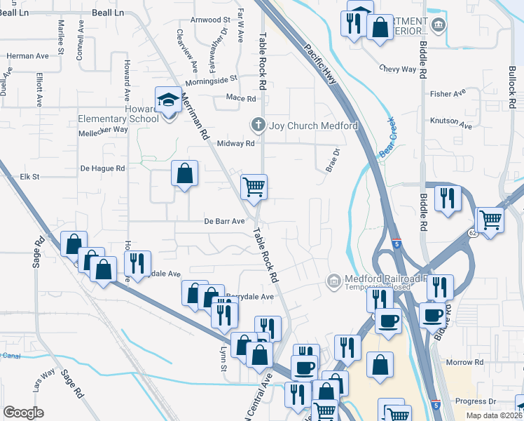 map of restaurants, bars, coffee shops, grocery stores, and more near 2541 Table Rock Road in Medford