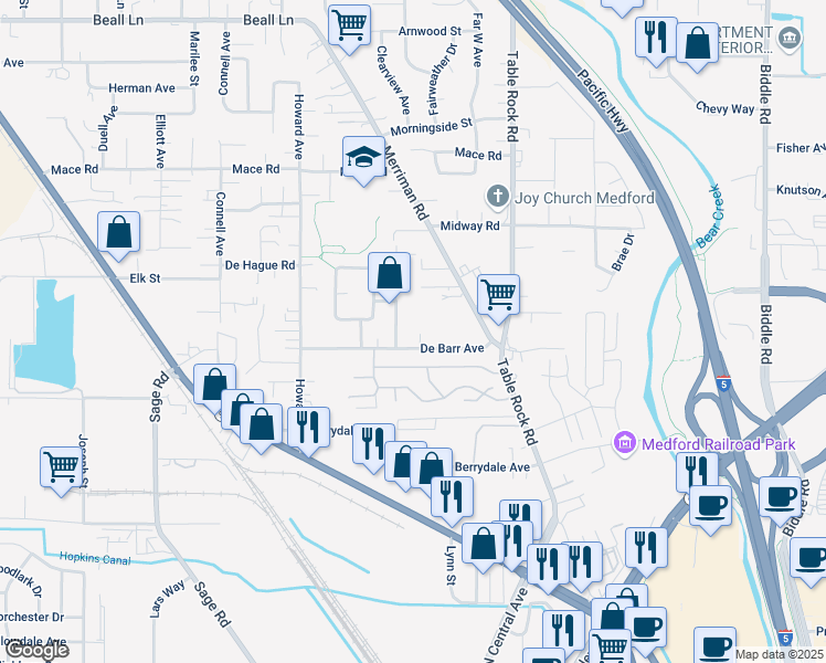 map of restaurants, bars, coffee shops, grocery stores, and more near 425 De Barr Avenue in Medford