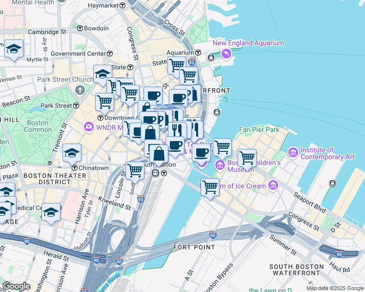 map of restaurants, bars, coffee shops, grocery stores, and more near 137-139 Pearl Street in Boston