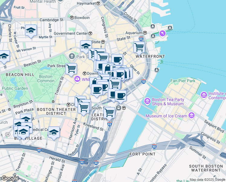 map of restaurants, bars, coffee shops, grocery stores, and more near 155 Federal Street in Boston