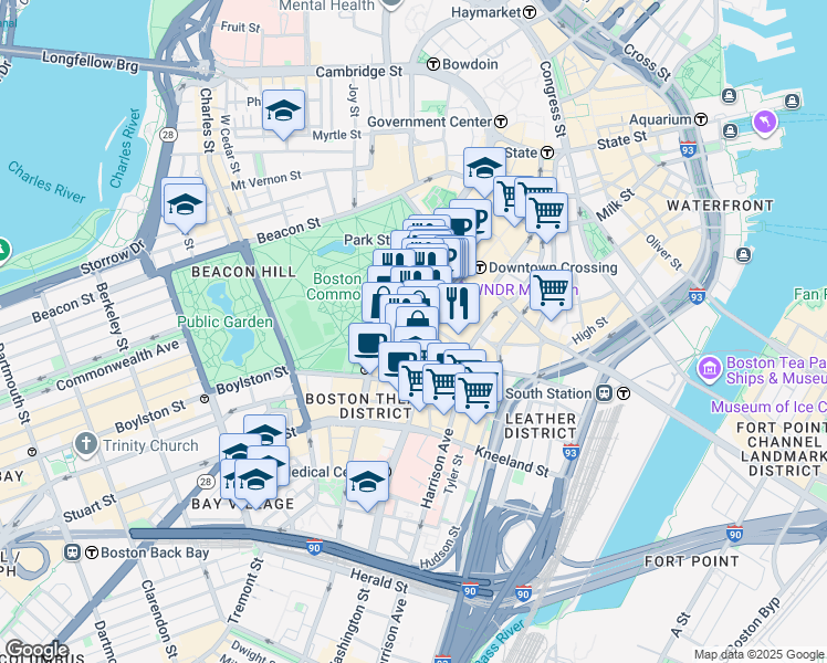 map of restaurants, bars, coffee shops, grocery stores, and more near 539 Washington Street in Boston
