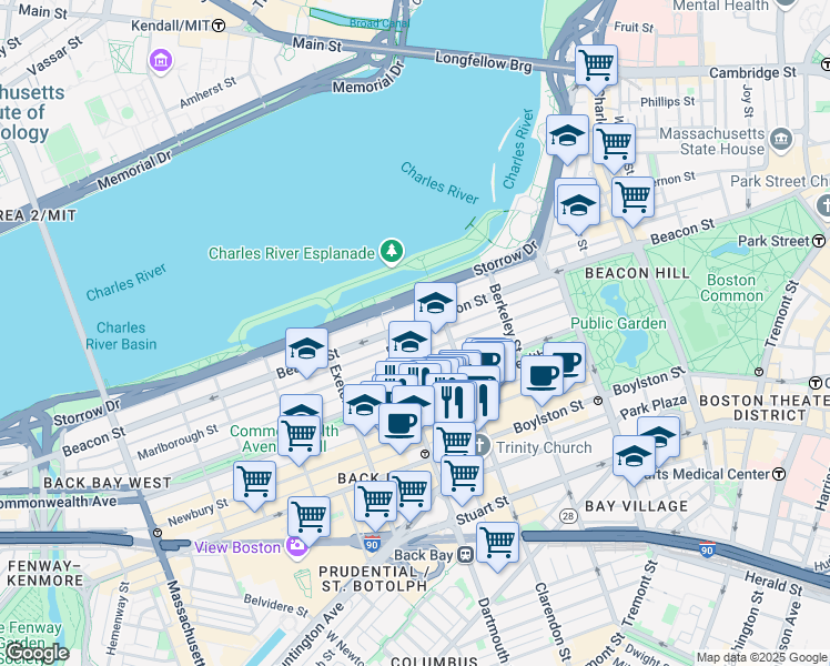 map of restaurants, bars, coffee shops, grocery stores, and more near 213 Beacon Street in Boston