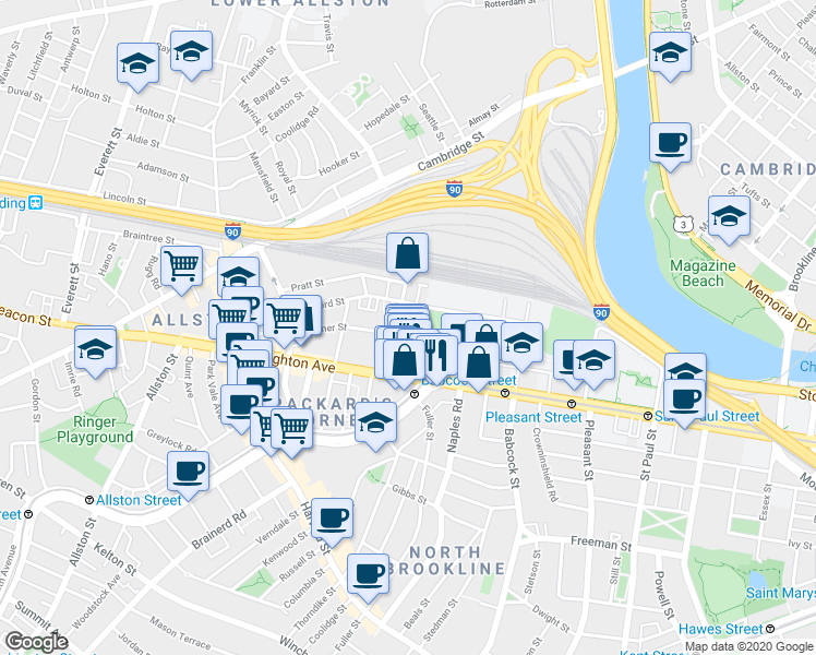 map of restaurants, bars, coffee shops, grocery stores, and more near 69 Ashford Street in Boston