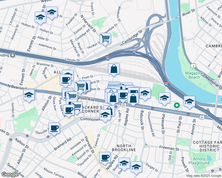 map of restaurants, bars, coffee shops, grocery stores, and more near 69 Ashford Street in Boston