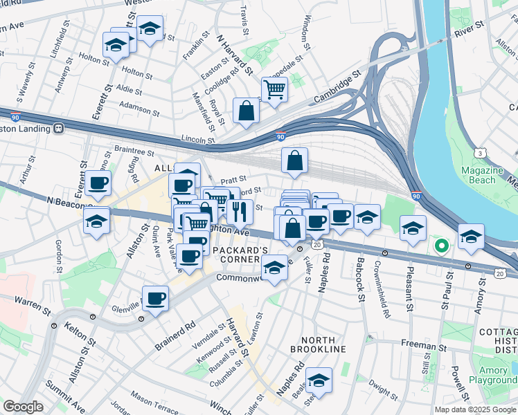 map of restaurants, bars, coffee shops, grocery stores, and more near 72 Gardner Street in Boston