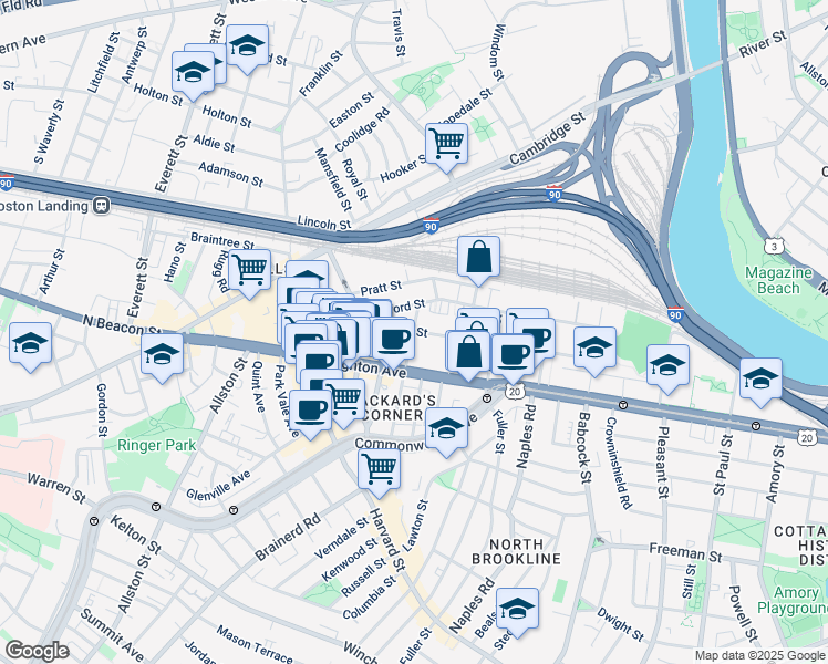 map of restaurants, bars, coffee shops, grocery stores, and more near in Boston