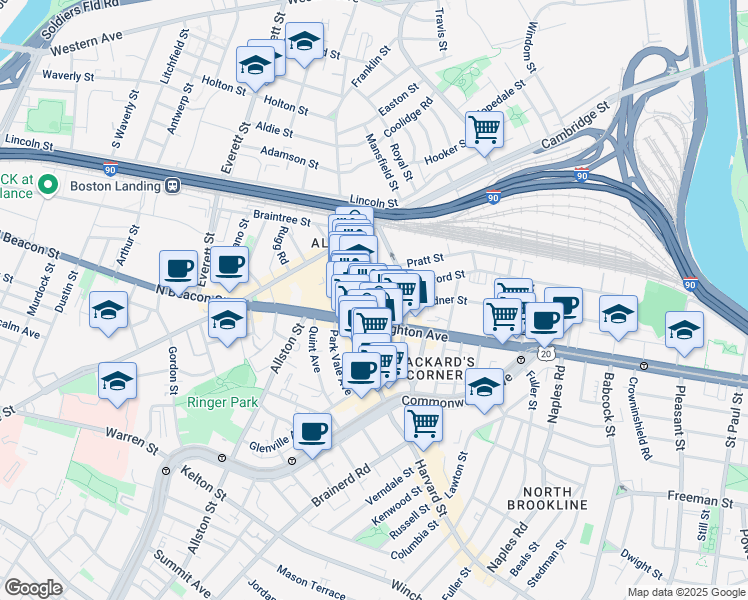 map of restaurants, bars, coffee shops, grocery stores, and more near 9 Farrington Avenue in Boston
