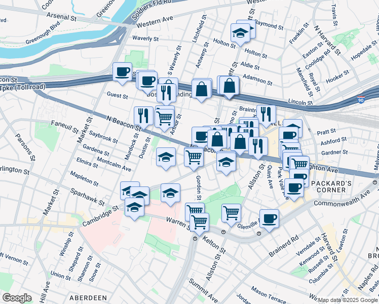 map of restaurants, bars, coffee shops, grocery stores, and more near 61 North Beacon Street in Boston