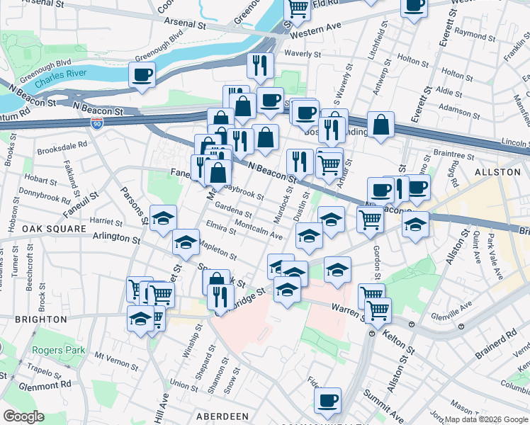 map of restaurants, bars, coffee shops, grocery stores, and more near 55 Saybrook Street in Boston