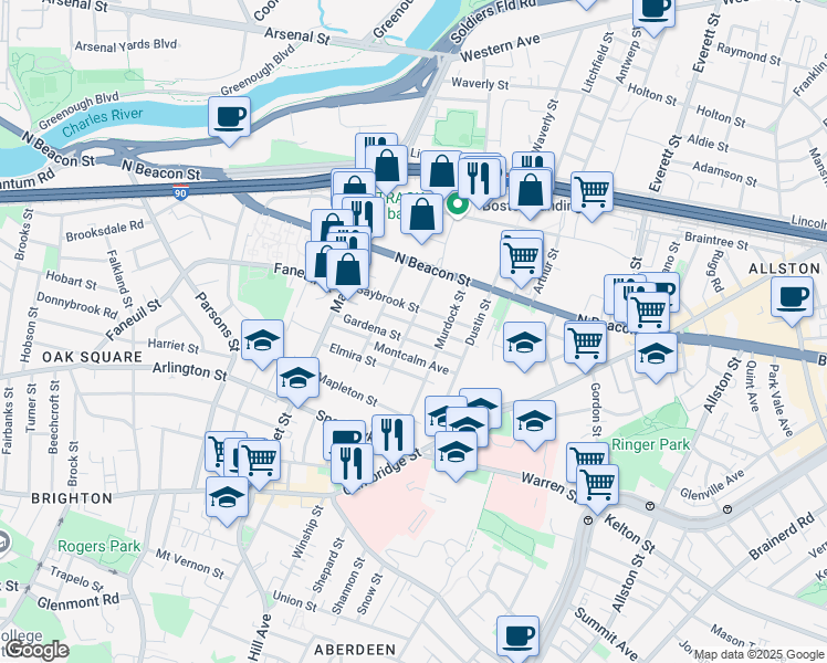 map of restaurants, bars, coffee shops, grocery stores, and more near 55 Saybrook Street in Boston
