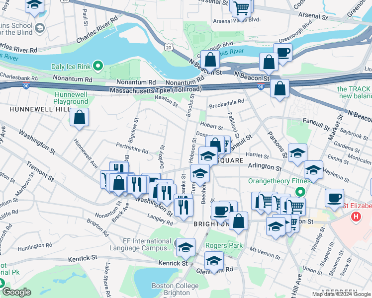 map of restaurants, bars, coffee shops, grocery stores, and more near 103 Brooks Street in Boston