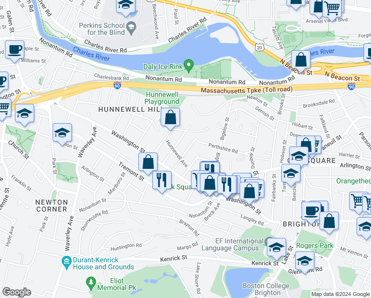 map of restaurants, bars, coffee shops, grocery stores, and more near 42 Matchett Street in Boston