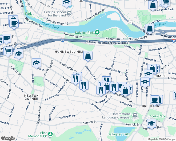 map of restaurants, bars, coffee shops, grocery stores, and more near 82 Hunnewell Avenue in Boston