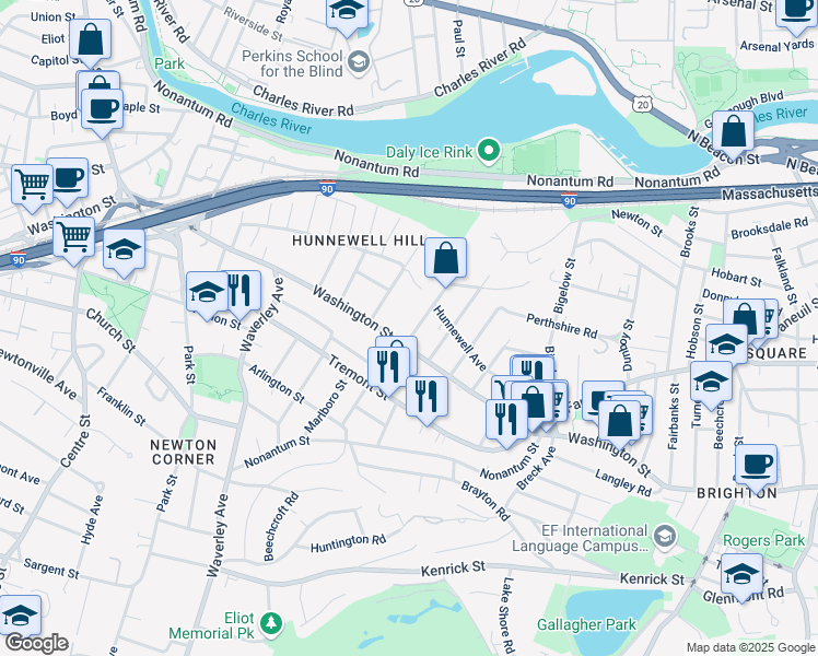 map of restaurants, bars, coffee shops, grocery stores, and more near 14 Burton Street in Boston
