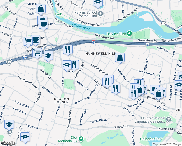 map of restaurants, bars, coffee shops, grocery stores, and more near 17-19 Whittemore Road in Newton