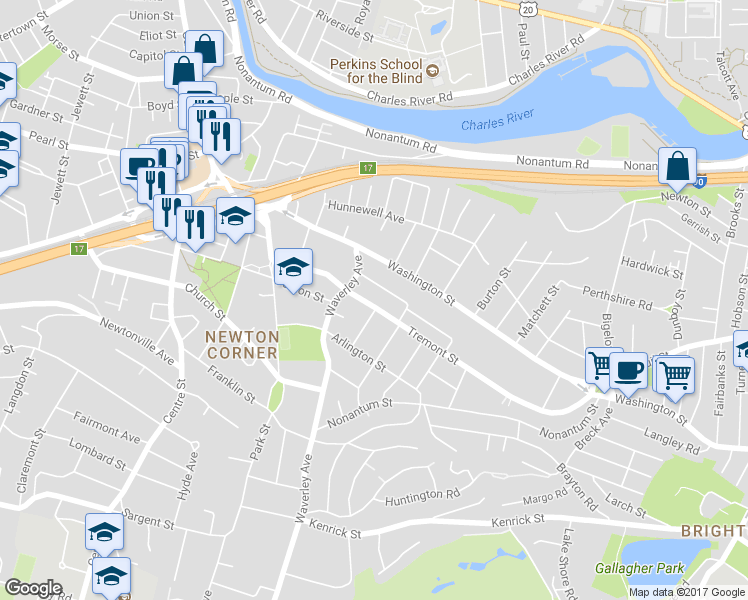 map of restaurants, bars, coffee shops, grocery stores, and more near 42 Whittemore Road in Newton