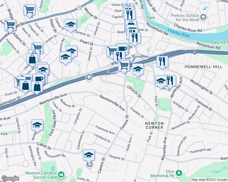 map of restaurants, bars, coffee shops, grocery stores, and more near 14 Maple Avenue in Newton