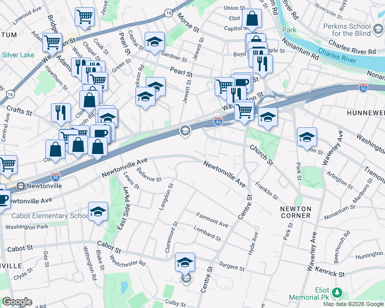 map of restaurants, bars, coffee shops, grocery stores, and more near 121 Newtonville Avenue in Newton