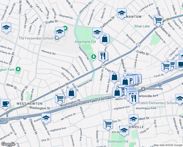 map of restaurants, bars, coffee shops, grocery stores, and more near in Newton