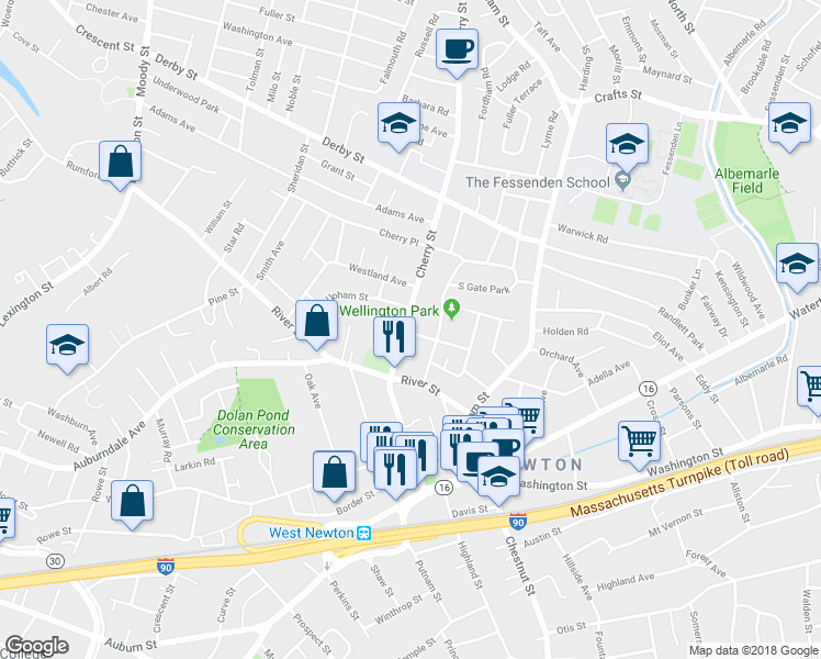 map of restaurants, bars, coffee shops, grocery stores, and more near 305 Cherry Street in Newton