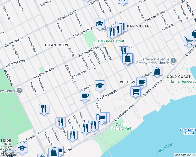 map of restaurants, bars, coffee shops, grocery stores, and more near 1456 Sheridan Street in Detroit
