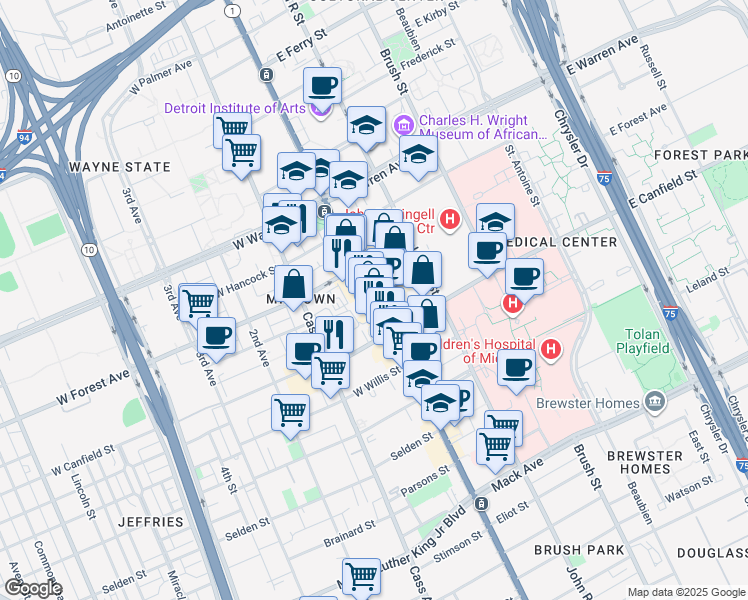 map of restaurants, bars, coffee shops, grocery stores, and more near 4501 Woodward Avenue in Detroit