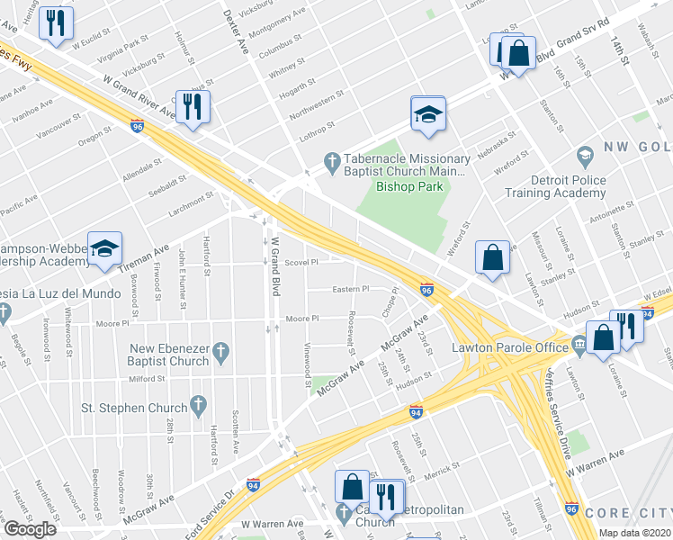 map of restaurants, bars, coffee shops, grocery stores, and more near 3767 Scovel Place in Detroit