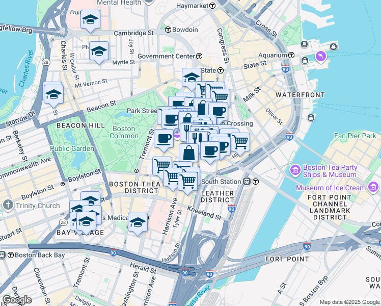 map of restaurants, bars, coffee shops, grocery stores, and more near 10 Bedford Street in Boston