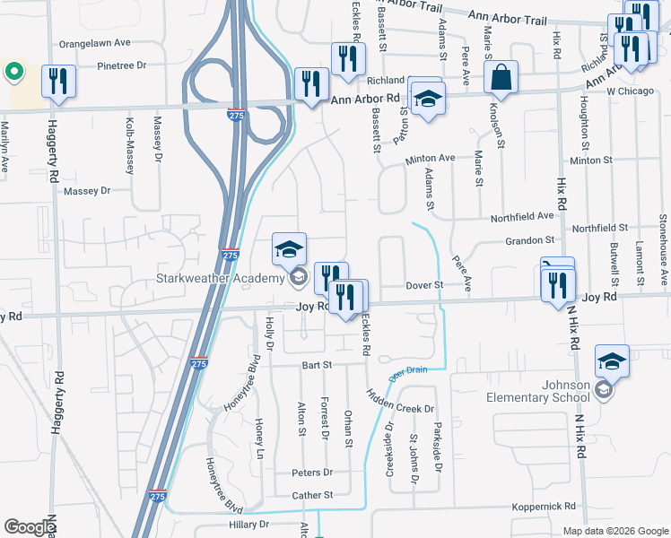 map of restaurants, bars, coffee shops, grocery stores, and more near 8940 Tavistock Drive in Plymouth