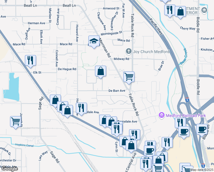 map of restaurants, bars, coffee shops, grocery stores, and more near 425 De Barr Avenue in Medford