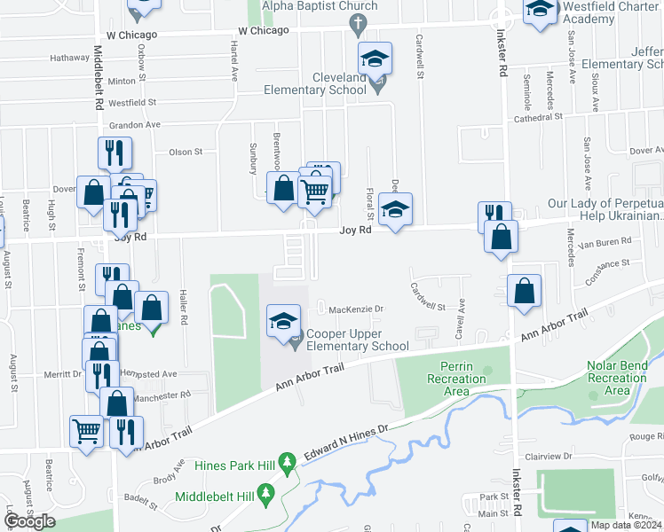 map of restaurants, bars, coffee shops, grocery stores, and more near 28349 Joy Road in Westland