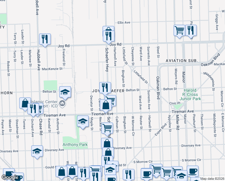 map of restaurants, bars, coffee shops, grocery stores, and more near 13544 Belton Street in Detroit