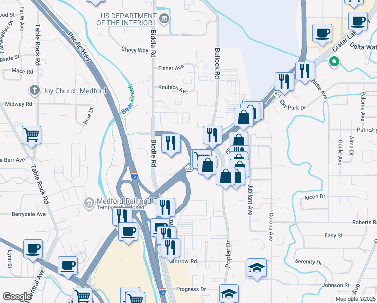 map of restaurants, bars, coffee shops, grocery stores, and more near 1162 Hilton Road in Medford